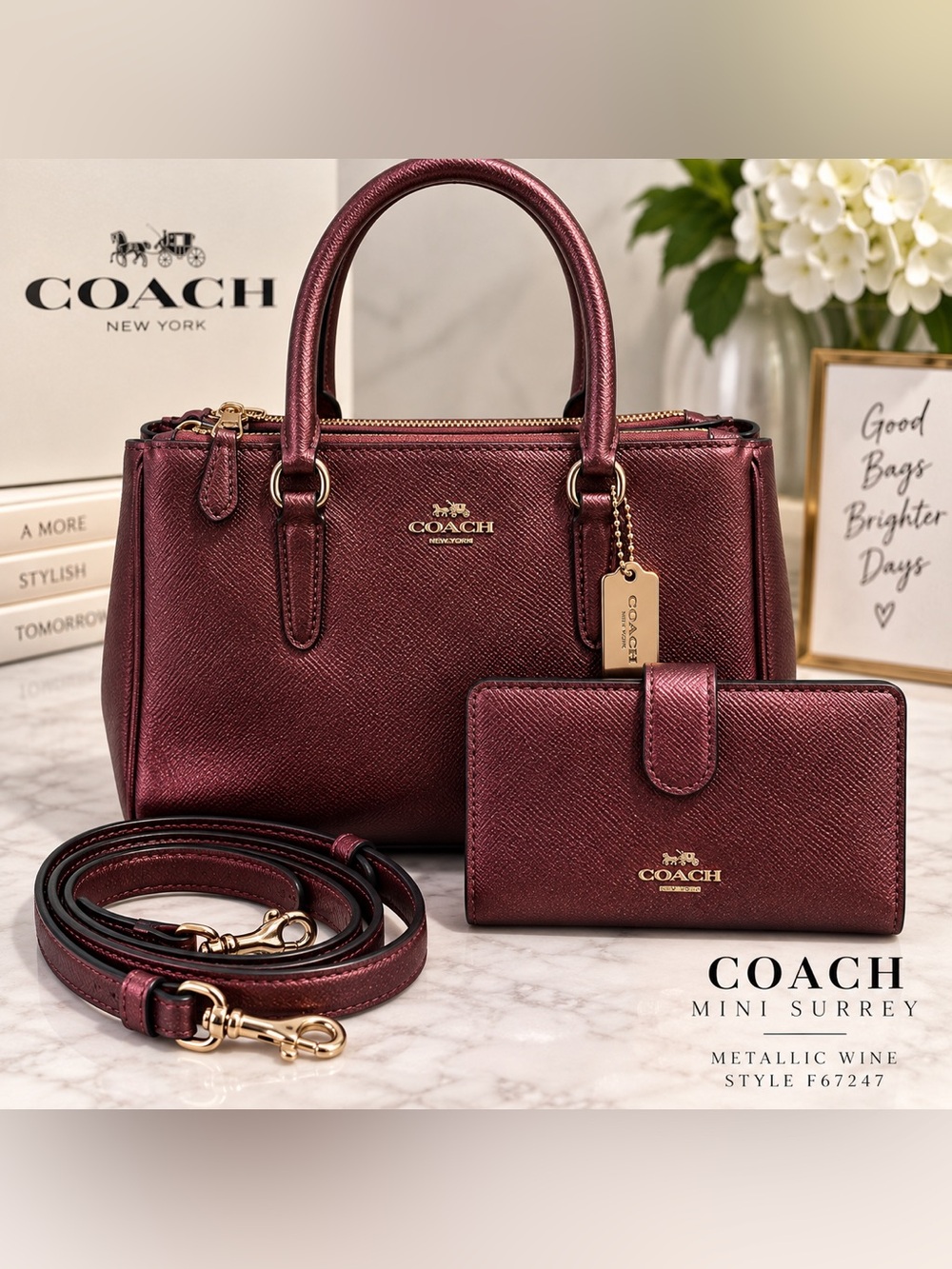 Coach Mini Surrey F67247 Metallic Wine Satchel Crossbody + Wallet